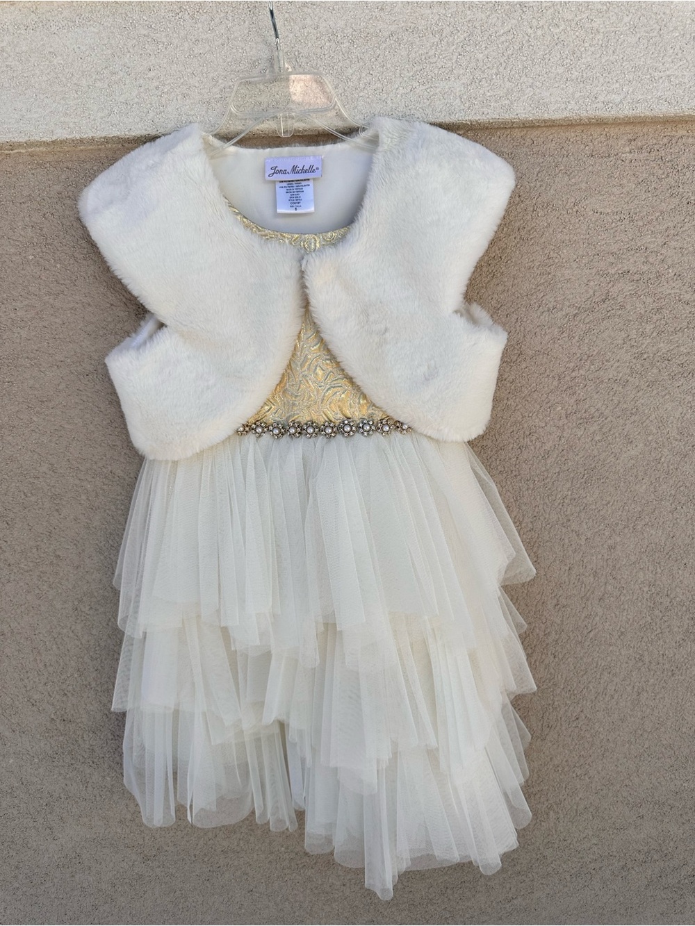Joan Michelle Ivory Tulle Layered Party Dress with Faux Fur Bolero EUC